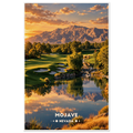 Golf green with bunkers beside a reflecting lake, willows and rugged desert mountains at sunset in the Mojave Desert, Nevada