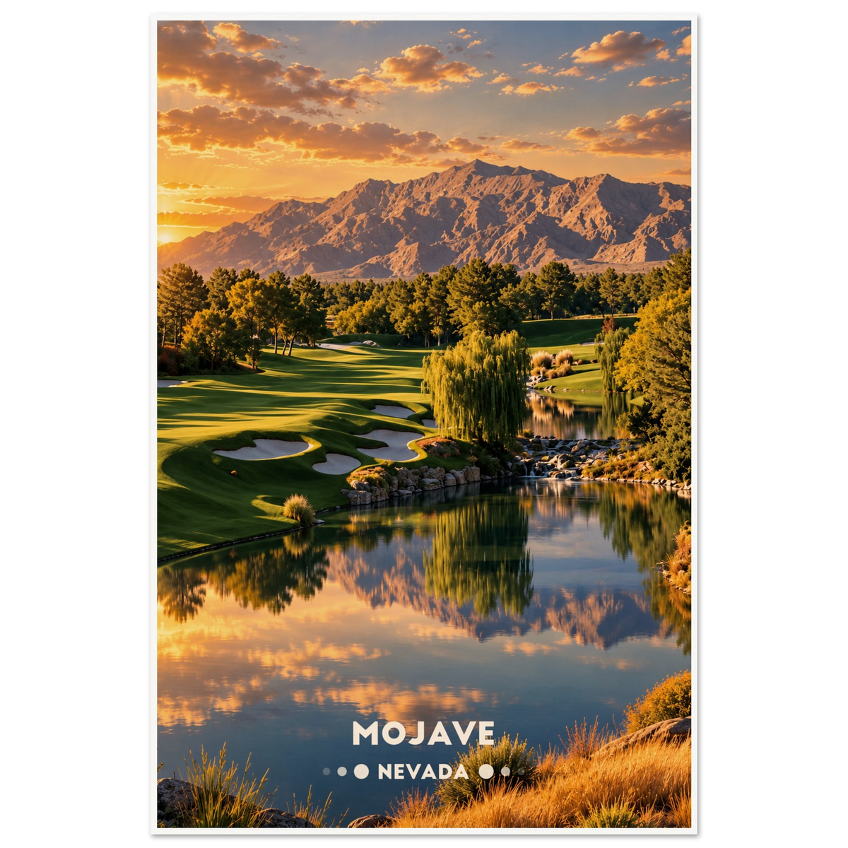 Golf green with bunkers beside a reflecting lake, willows and rugged desert mountains at sunset in the Mojave Desert, Nevada