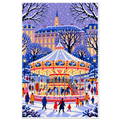 Illustrated carousel glowing with golden lights in a snowy Paris square with families and winter trees