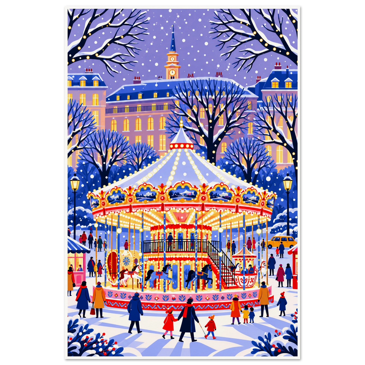 Illustrated carousel glowing with golden lights in a snowy Paris square with families and winter trees