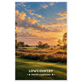 Aerial view of dune links golf fairways and sandy bunkers along an Atlantic beach at sunset in South Carolina’s Lowcountry