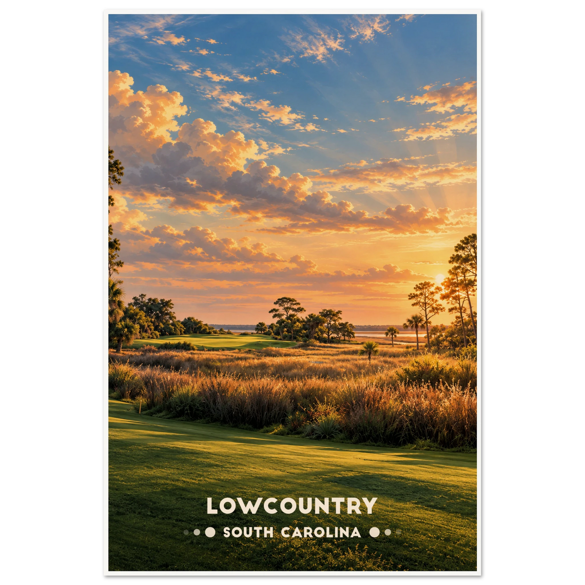 Aerial view of dune links golf fairways and sandy bunkers along an Atlantic beach at sunset in South Carolina’s Lowcountry