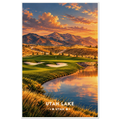 Lakeside golf green with deep bunkers below snowcapped Wasatch peaks on the shore of Utah Lake