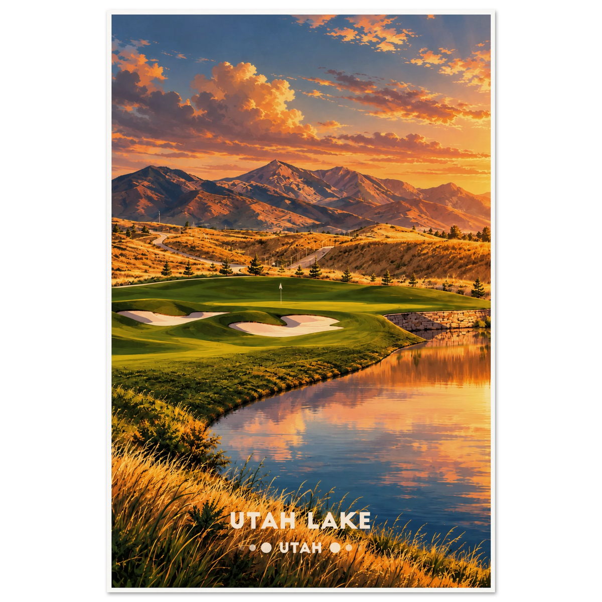 Lakeside golf green with deep bunkers below snowcapped Wasatch peaks on the shore of Utah Lake