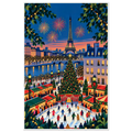Illustrated Paris Christmas market with ice skaters, decorated tree, red stalls and Seine at night