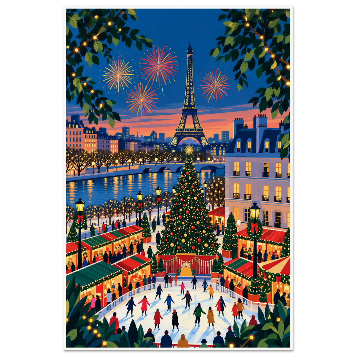Illustrated Paris Christmas market with ice skaters, decorated tree, red stalls and Seine at night