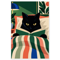 Illustrated black cat reading a green book in bed under a striped coral, green and blue duvet