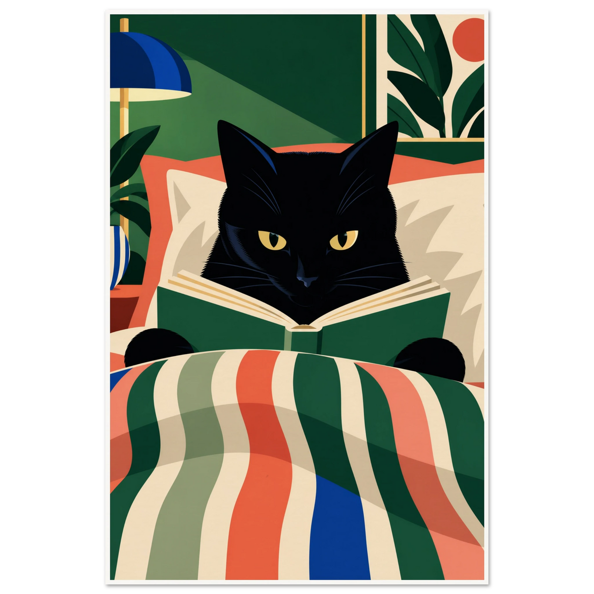 Illustrated black cat reading a green book in bed under a striped coral, green and blue duvet