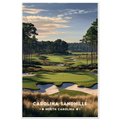Golf green with red flag, white bunkers and wiregrass among tall longleaf pines in the Carolina Sandhills