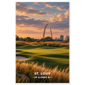 Golf green in prairie grass with the Gateway Arch and St. Louis skyline at sunset, seen from Illinois
