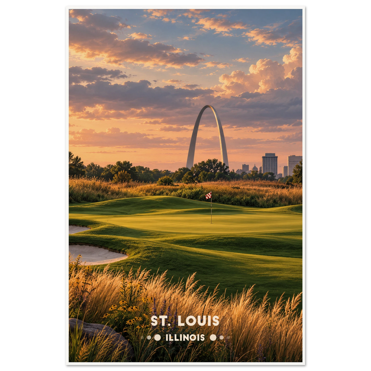 Golf green in prairie grass with the Gateway Arch and St. Louis skyline at sunset, seen from Illinois