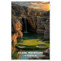 Island golf green below limestone cliffs and a cave waterfall at sunset in Missouri’s Ozark Mountains