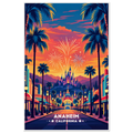 Retro Anaheim California travel poster with palm-lined boulevard, Art Deco buildings and sunset fireworks