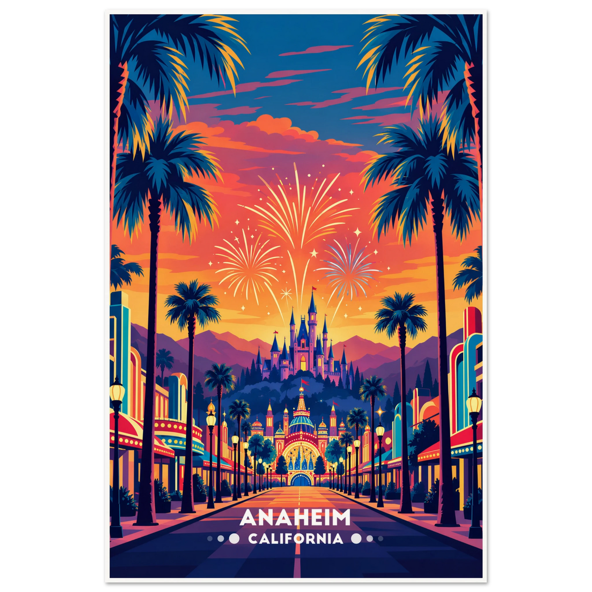 Retro Anaheim California travel poster with palm-lined boulevard, Art Deco buildings and sunset fireworks