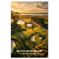 Aerial view of palmetto-lined golf green, lagoons and salt marsh at golden sunset on Hilton Head Island