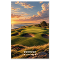 Links golf green with pot bunkers and heather above the sea at sunrise in Dornoch