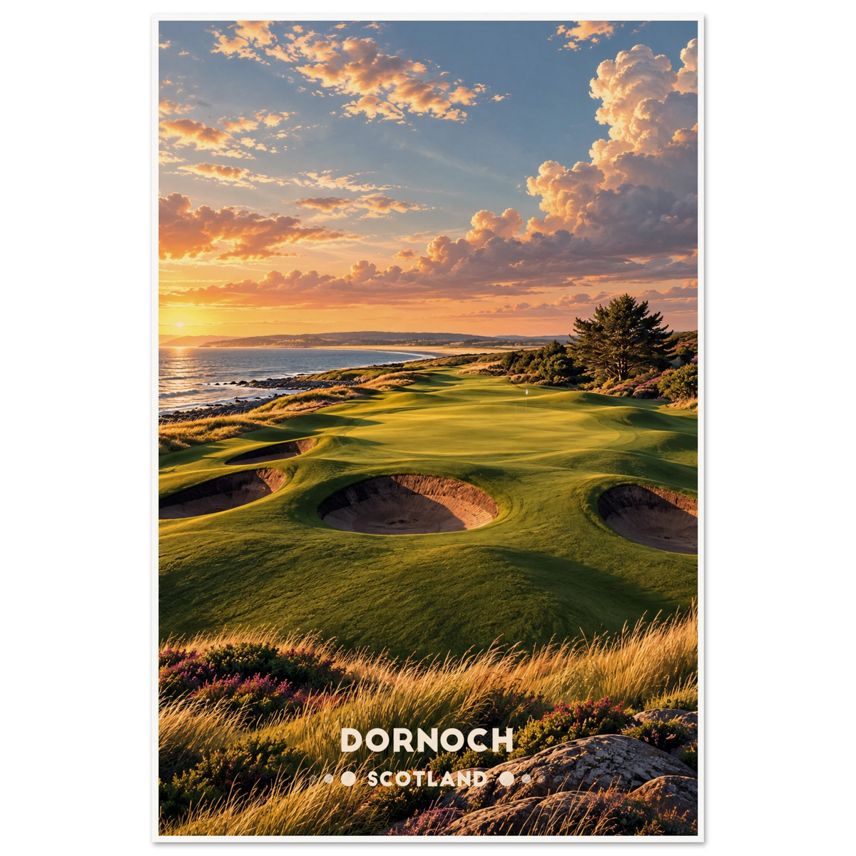 Links golf green with pot bunkers and heather above the sea at sunrise in Dornoch