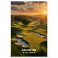 Golden sunset over rolling Rochester parkland golf green with sand bunkers and hardwood trees