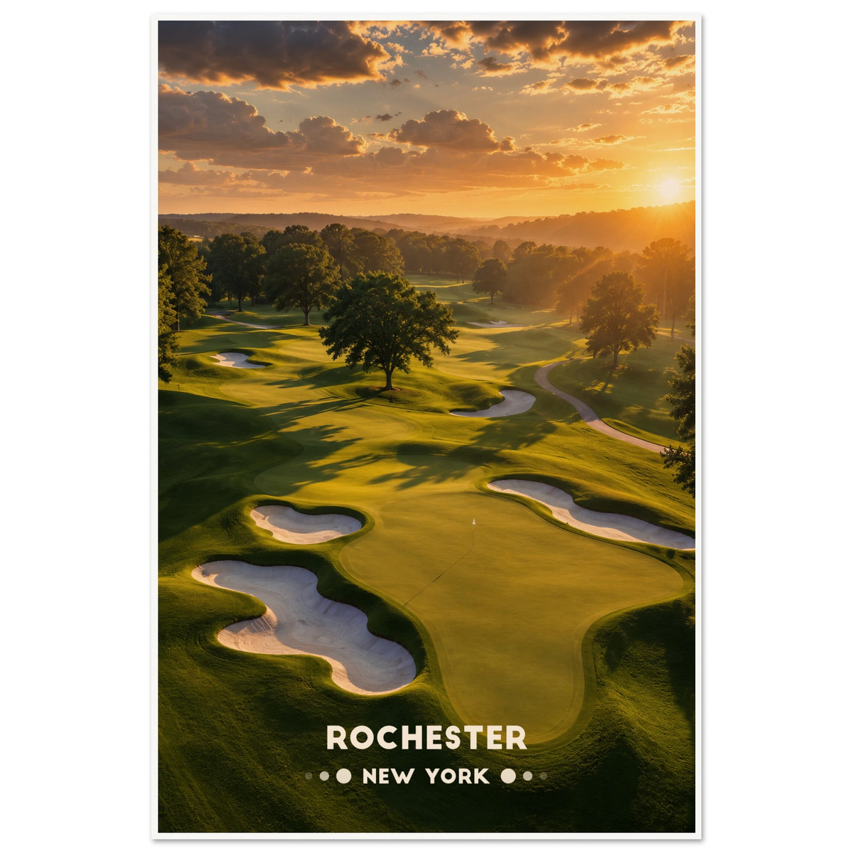 Golden sunset over rolling Rochester parkland golf green with sand bunkers and hardwood trees