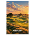 Painted links golf green with pot bunkers, pine trees and sand dunes at Southport sunset