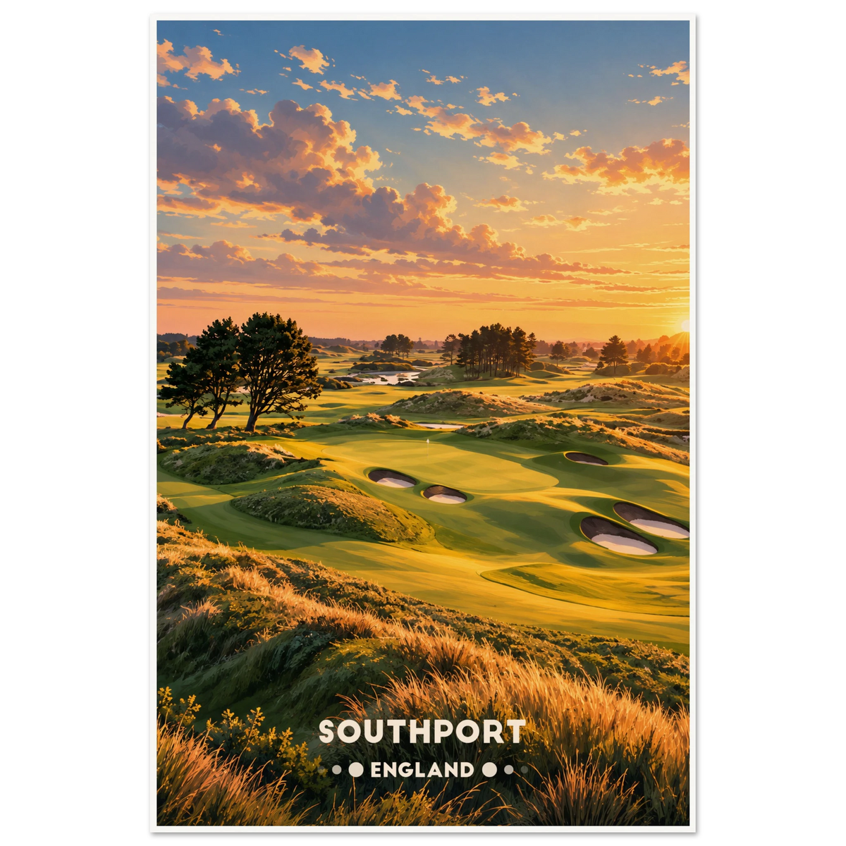 Painted links golf green with pot bunkers, pine trees and sand dunes at Southport sunset