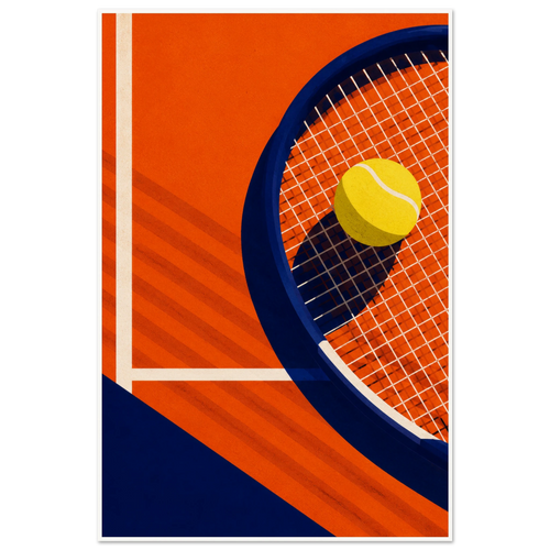 Minimalist tennis poster of navy racket and yellow ball on orange clay court