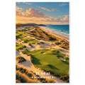 Painted golf fairways winding through golden sand dunes beside the Pacific at Te Arai