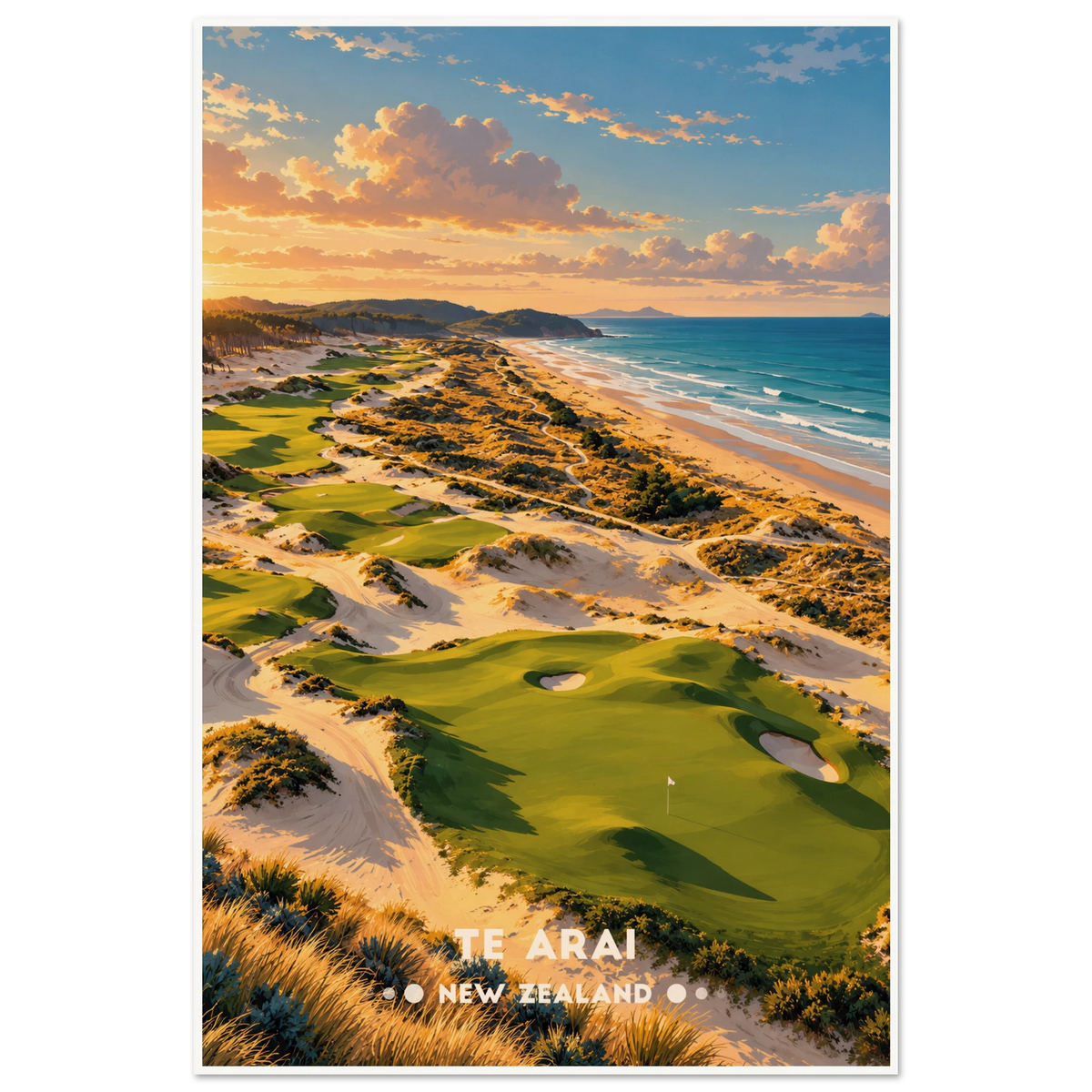 Painted golf fairways winding through golden sand dunes beside the Pacific at Te Arai