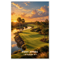 Golf green beside reflecting ponds with sabal palms and live oaks at sunset in Fort Myers, Florida