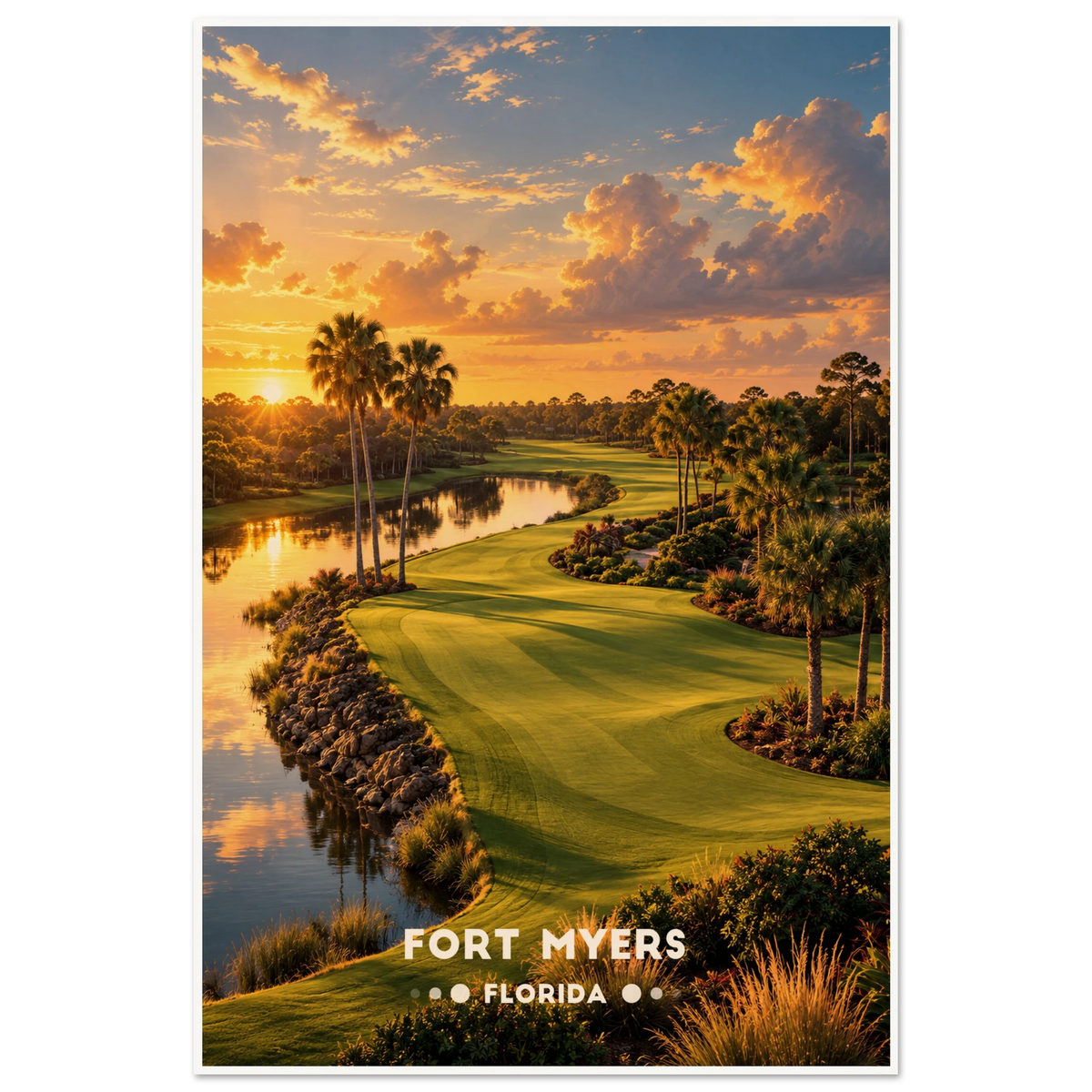 Golf green beside reflecting ponds with sabal palms and live oaks at sunset in Fort Myers, Florida