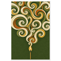 Retro illustration of a lit matchstick releasing smoke that curls into cream, mustard and orange spirals on olive green