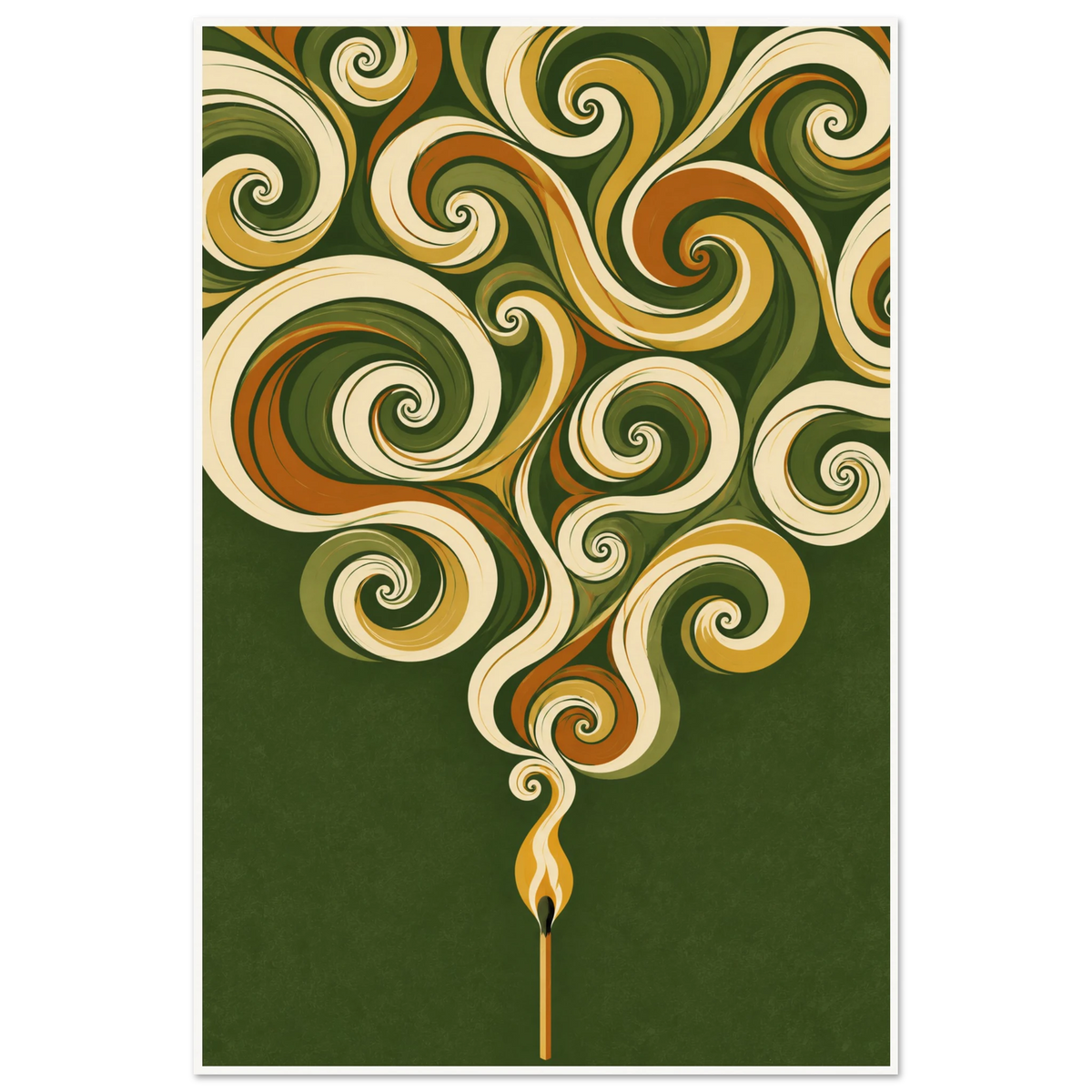 Retro illustration of a lit matchstick releasing smoke that curls into cream, mustard and orange spirals on olive green