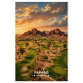 Aerial view of desert golf fairways below red Papago buttes at golden sunset in Arizona