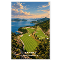 Aerial view of pine-lined golf fairways above a blue island bay in Namhae, South Korea