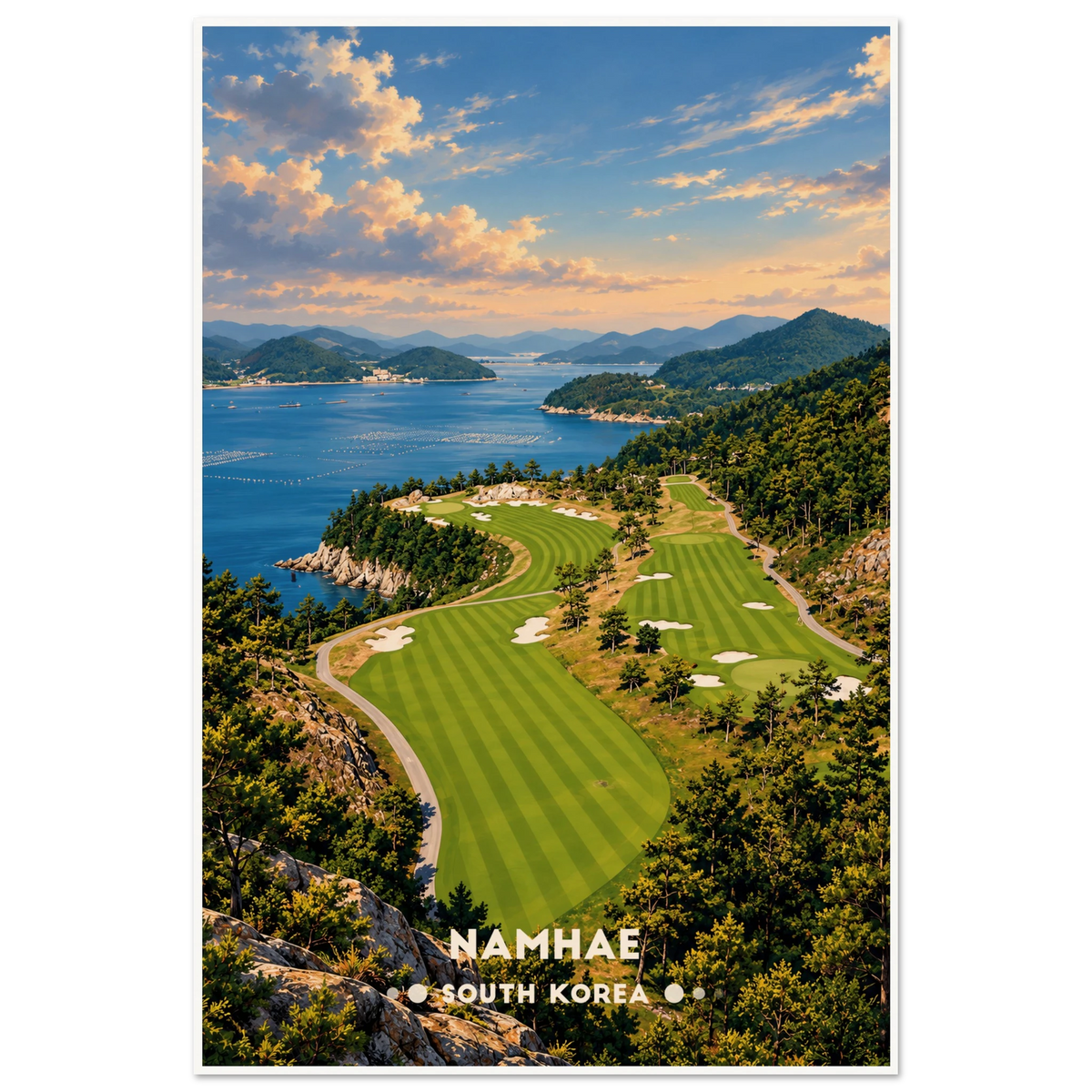Aerial view of pine-lined golf fairways above a blue island bay in Namhae, South Korea