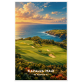 Clifftop golf fairways with bunkers, palms and Pacific surf with Molokai on the horizon in West Maui, Hawaii