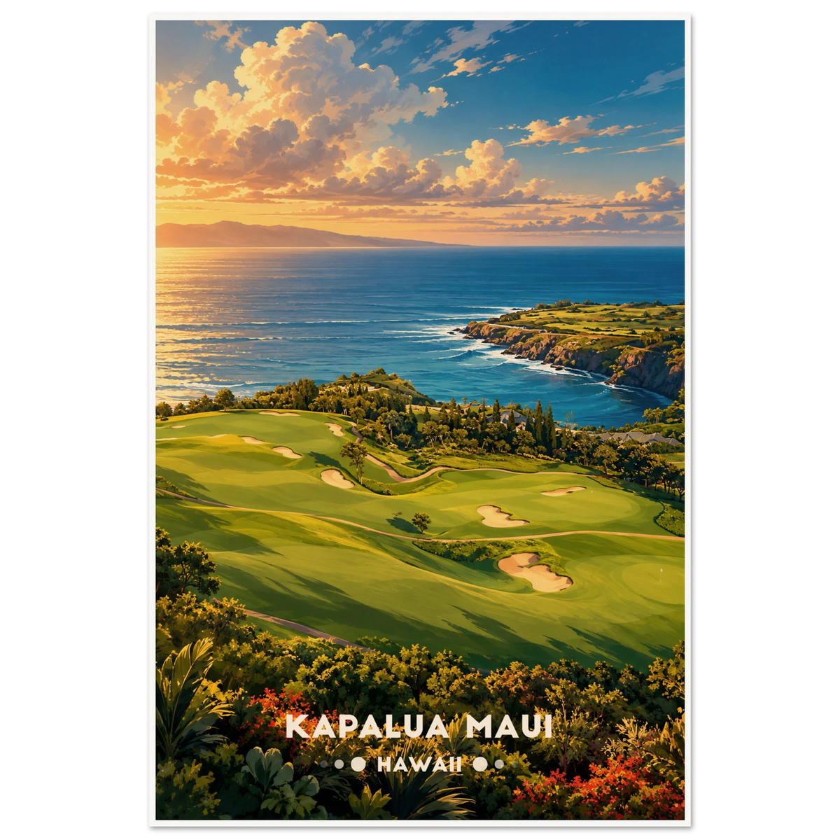 Clifftop golf fairways with bunkers, palms and Pacific surf with Molokai on the horizon in West Maui, Hawaii