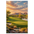 Desert golf green with barrel cactus, lake and red mountains at golden sunset in Arizona’s Sonoran Desert