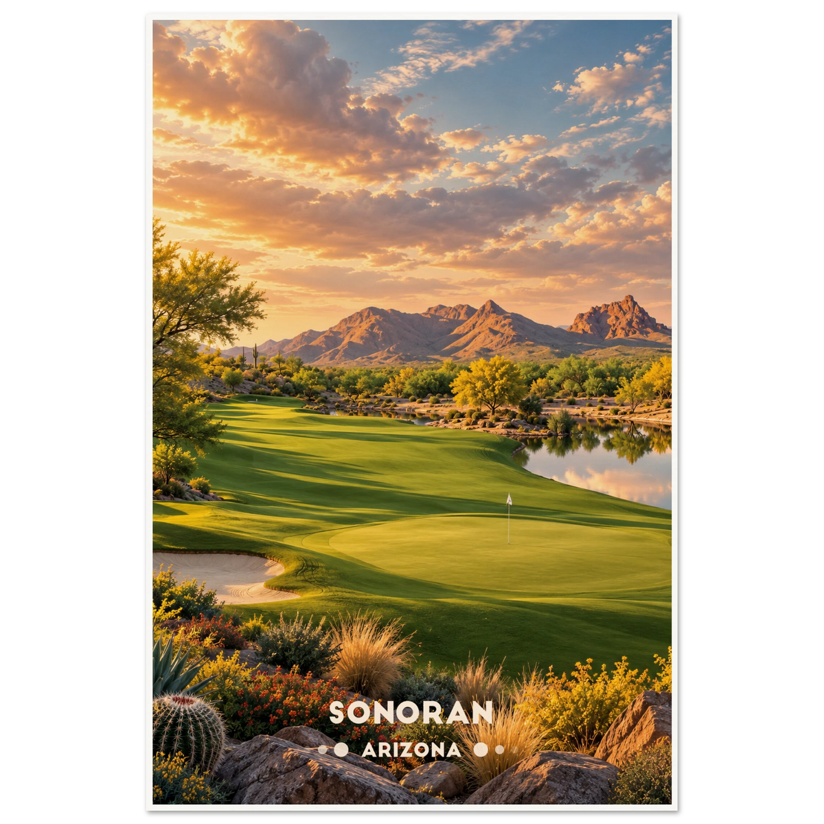 Desert golf green with barrel cactus, lake and red mountains at golden sunset in Arizona’s Sonoran Desert