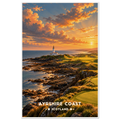 Clifftop golf green above rocky shore with white lighthouse and Firth of Clyde views on Scotland’s Ayrshire Coast