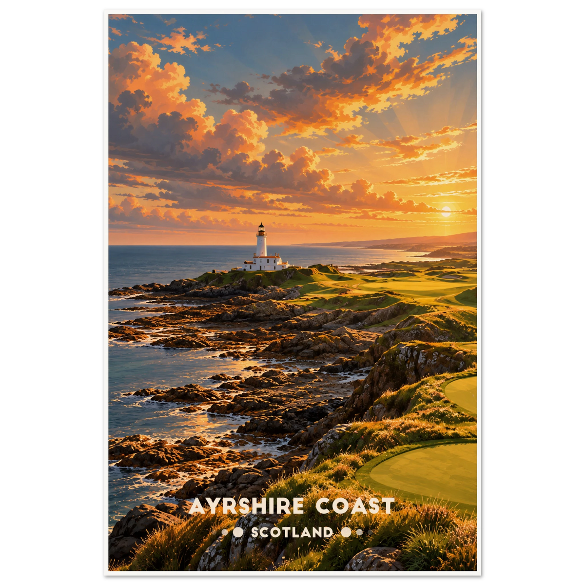 Clifftop golf green above rocky shore with white lighthouse and Firth of Clyde views on Scotland’s Ayrshire Coast