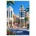 Los Angeles travel poster with cream domed buildings, palm trees, flower baskets and sunny street
