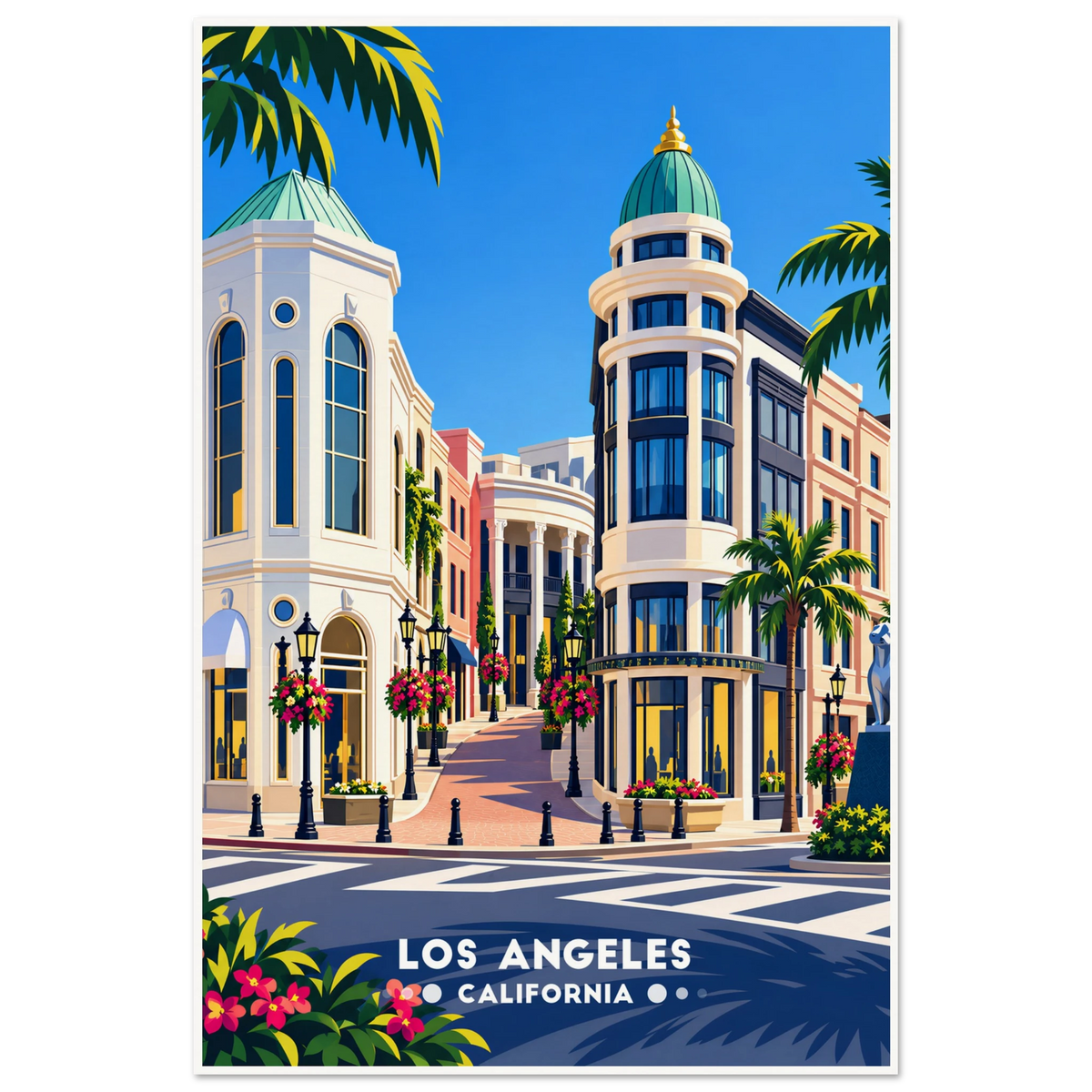 Los Angeles travel poster with cream domed buildings, palm trees, flower baskets and sunny street