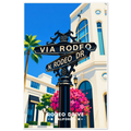 Ornate black street sign with palm tree, pink bougainvillea and white boutique buildings in Beverly Hills