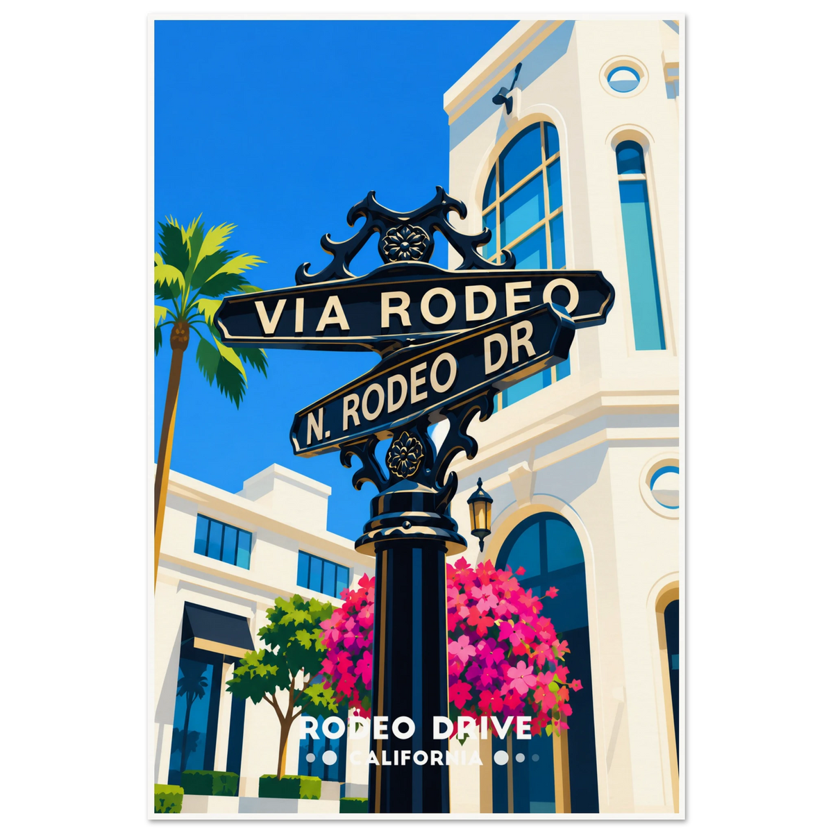 Ornate black street sign with palm tree, pink bougainvillea and white boutique buildings in Beverly Hills