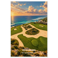 Canyon golf green framed by tall eucalyptus trees with Pacific Ocean view in Oceanside, California