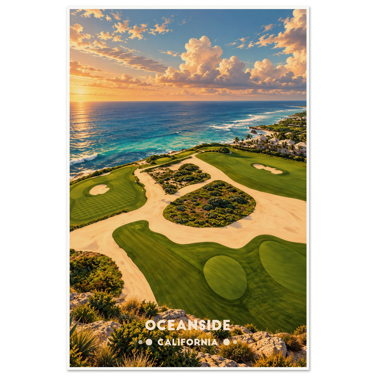 Canyon golf green framed by tall eucalyptus trees with Pacific Ocean view in Oceanside, California