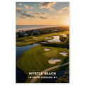 Aerial view of a golf green with bunkers beside a lagoon, palmettos and beach houses at sunrise in Myrtle Beach, South Carolina
