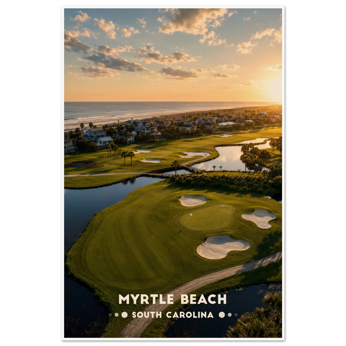 Aerial view of a golf green with bunkers beside a lagoon, palmettos and beach houses at sunrise in Myrtle Beach, South Carolina