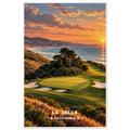 Clifftop golf greens and bunkers above Pacific surf and a sandy beach in La Jolla, San Diego, California